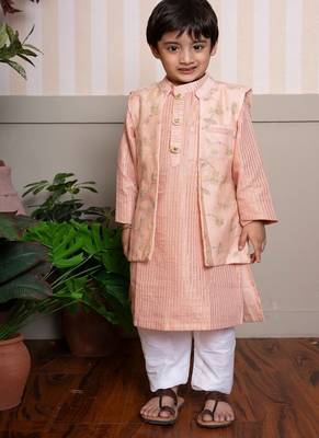 Peach embroidered silk nehru jacket set 1