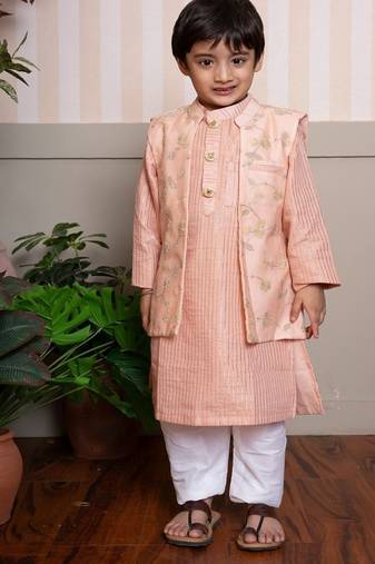 Peach embroidered silk nehru jacket set