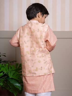 Peach embroidered silk nehru jacket set 2