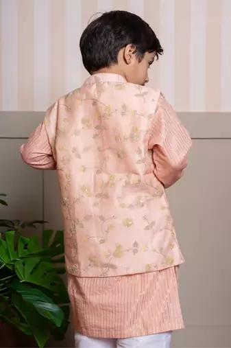 Peach embroidered silk nehru jacket set