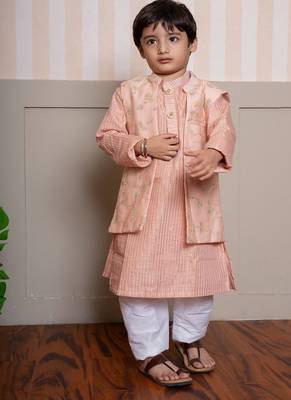 Peach embroidered silk nehru jacket set 3