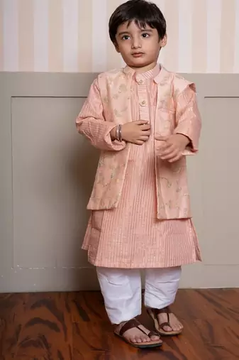 Peach embroidered silk nehru jacket set