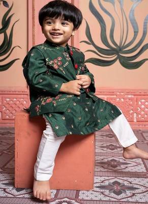 Green embroidered satin nehru jacket set 1