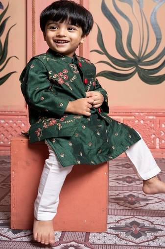 Green embroidered satin nehru jacket set