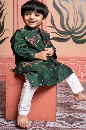 Green embroidered satin nehru jacket set