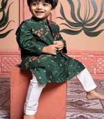 Green embroidered satin nehru jacket set