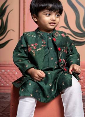 Green embroidered satin nehru jacket set 2