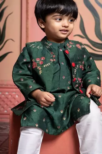Green embroidered satin nehru jacket set