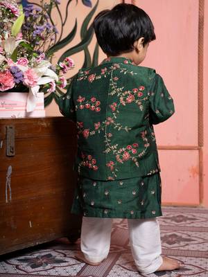 Green embroidered satin nehru jacket set 3