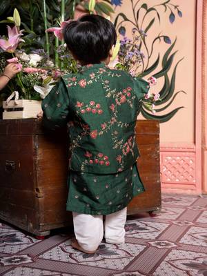 Green embroidered satin nehru jacket set 4
