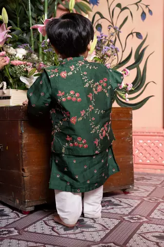 Green embroidered satin nehru jacket set