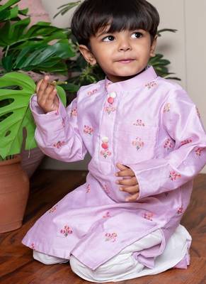 Purple embroidered satin kurta pyjama 1