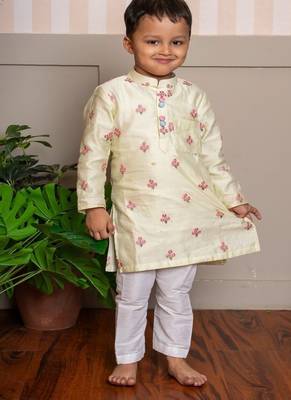Yellow embroidered chanderi kurta pyjama 1