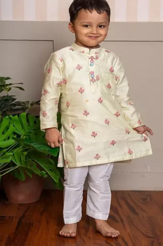 Yellow embroidered chanderi kurta pyjama