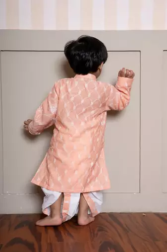 Peach embroidered silk kurta pyjama
