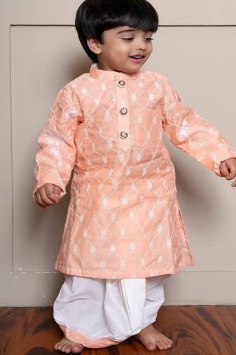 Peach embroidered silk kurta pyjama