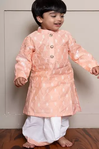 Peach embroidered silk kurta pyjama