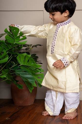 Yellow plain silk kurta pyjama