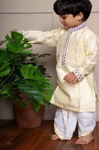 Yellow plain silk kurta pyjama