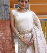 Cream Color Soft Silk Blend Floral Thread Work Saree