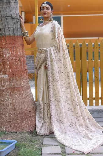 Cream Color Soft Silk Blend Floral Thread Work Saree