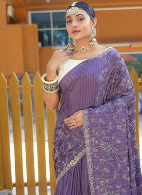 Purple Color Soft Silk Blend Floral Thread Work Saree 1