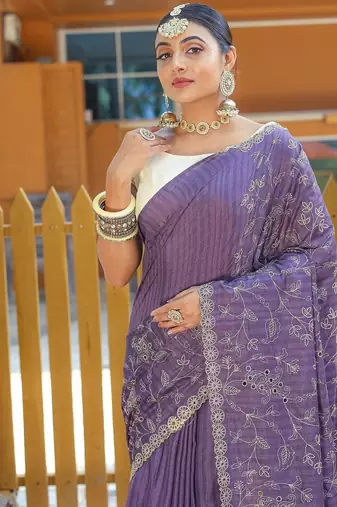 Purple Color Soft Silk Blend Floral Thread Work Saree