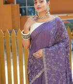 Purple Color Soft Silk Blend Floral Thread Work Saree