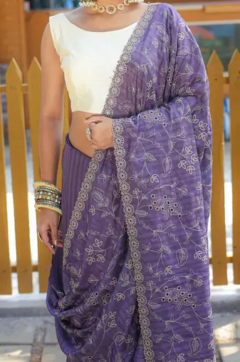 Purple Color Soft Silk Blend Floral Thread Work Saree