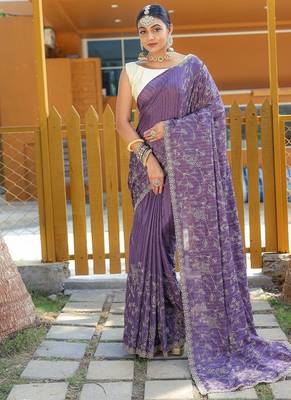 Purple Color Soft Silk Blend Floral Thread Work Saree 3