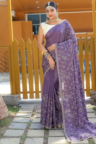 Purple Color Soft Silk Blend Floral Thread Work Saree