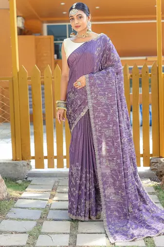 Purple Color Soft Silk Blend Floral Thread Work Saree