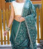 Teal Green Color Soft Silk Blend Floral Thread Work Saree