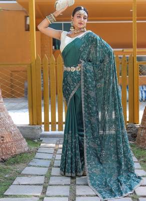 Teal Green Color Soft Silk Blend Floral Thread Work Saree 3