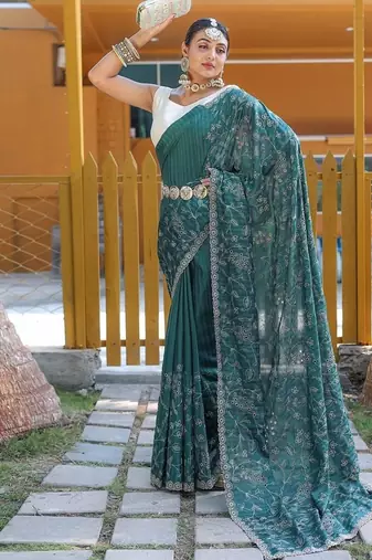 Teal Green Color Soft Silk Blend Floral Thread Work Saree
