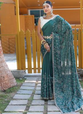 Teal Green Color Soft Silk Blend Floral Thread Work Saree 4