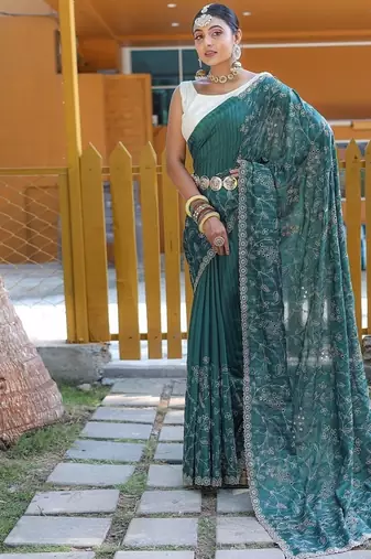 Teal Green Color Soft Silk Blend Floral Thread Work Saree