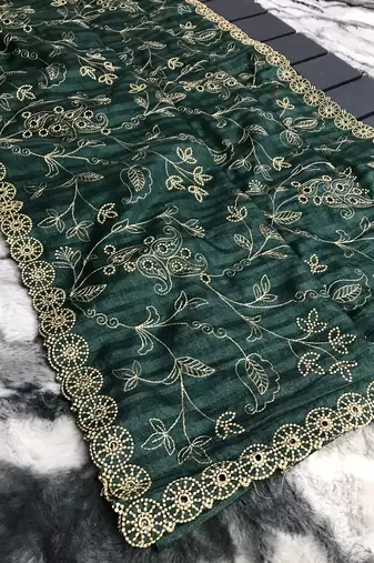 Teal Green Color Soft Silk Blend Floral Thread Work Saree