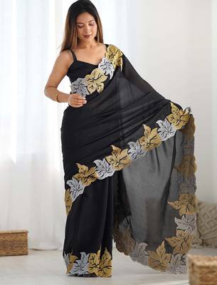 Designer chiffon silk heavy jari work black color saree 1