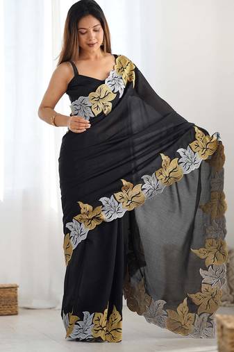 Designer chiffon silk heavy jari work black color saree