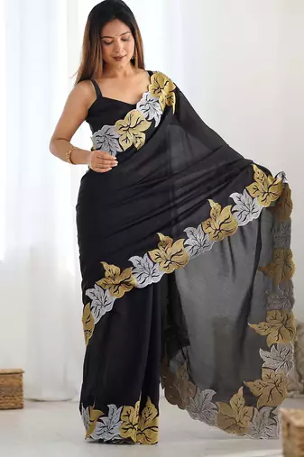 Designer chiffon silk heavy jari work black color saree