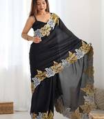 Designer chiffon silk heavy jari work black color saree
