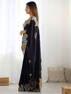 Designer chiffon silk heavy jari work black color saree 2