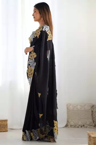 Designer chiffon silk heavy jari work black color saree
