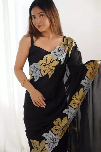 Designer chiffon silk heavy jari work black color saree