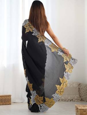 Designer chiffon silk heavy jari work black color saree 4