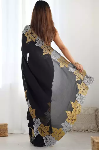 Designer chiffon silk heavy jari work black color saree