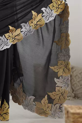 Designer chiffon silk heavy jari work black color saree