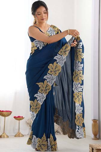 Designer chiffon silk heavy jari work blue  color saree