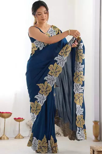 Designer chiffon silk heavy jari work blue  color saree